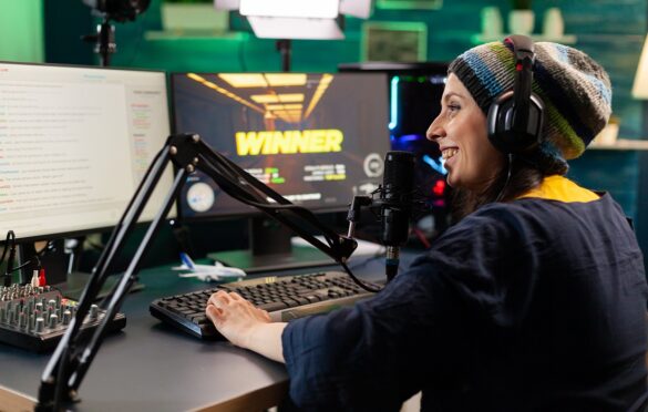 Back-view-of-upseted-streamer-playing-game-competition